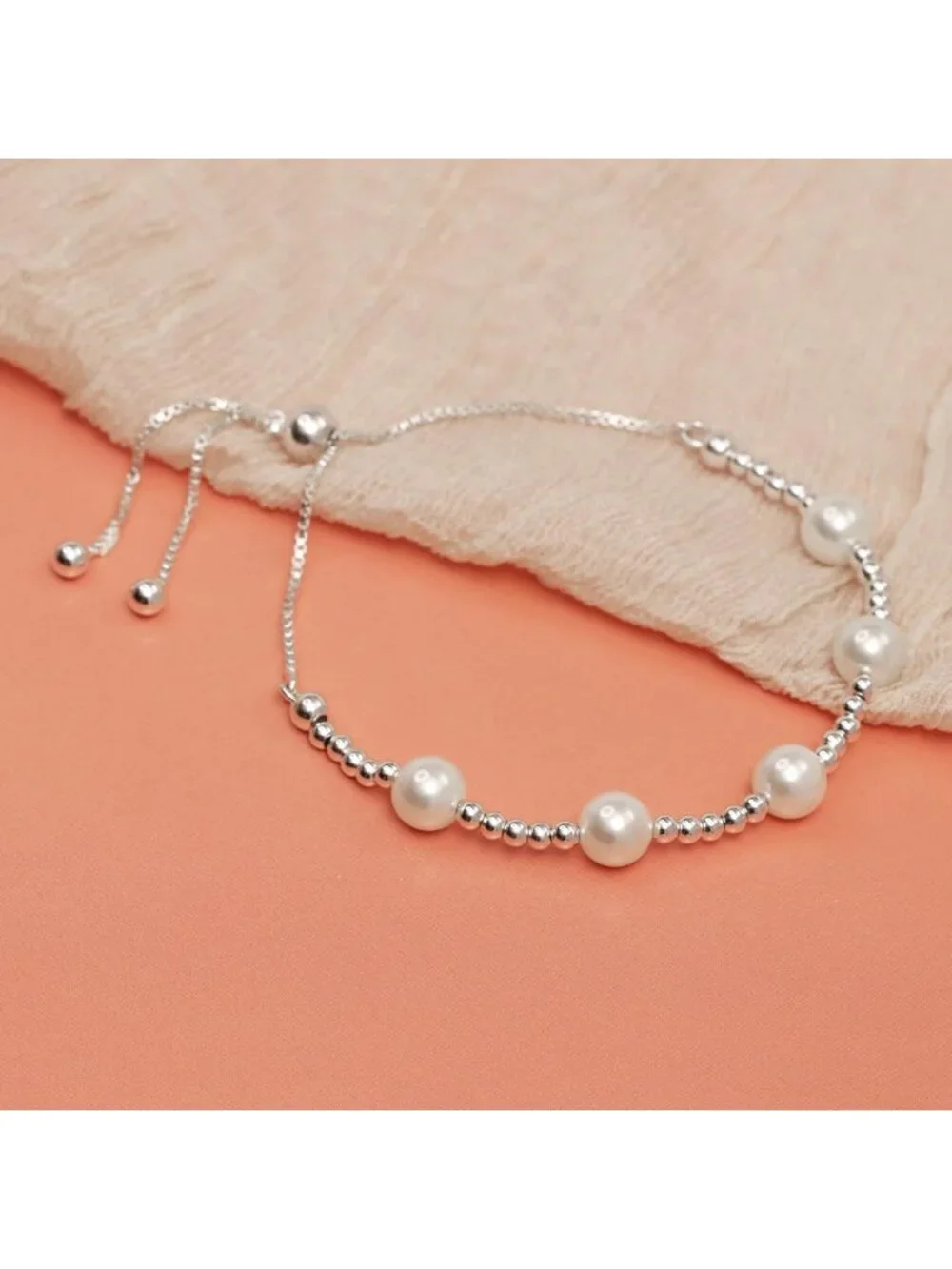 925 Sterling Silver Adjustable Bolo Bracelet | Beaded Tennis Bracelet for Women